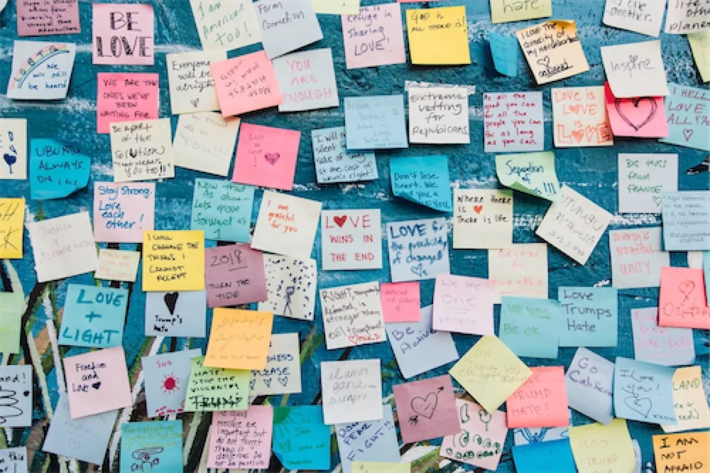 Wall covered in handwritten sticky notes